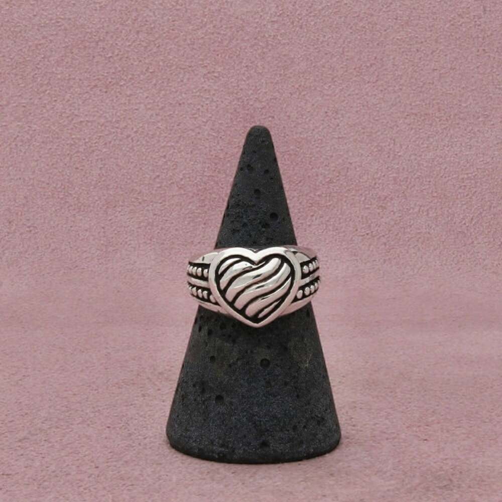 Sterling Silver Beaded Sides Heart Heart Motif Swirl Beaded Shoulders Ring 6